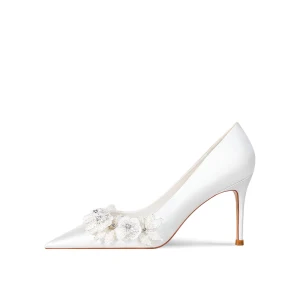 Elegant Ivory Leather Wedding Shoes 2023 Satin Rhinestone Lace Flower Wedding Shoes