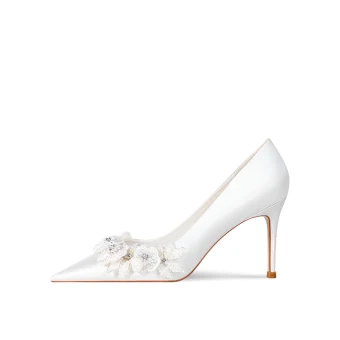 Elegant Ivory Leather Wedding Shoes 2023 Satin Rhinestone Lace Flower Wedding Shoes
