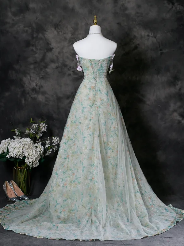 Chic / Belle Vert Cendré Appliques Floral Robe De Bal 2025 Princesse Bustier Sans Manches Dos Nu Train De Balayage Robe De Ceremonie