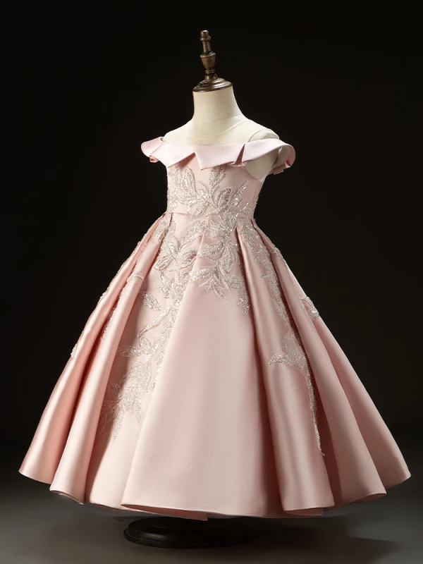 Vintage / Retro Blushing Pink Beading Sequins Satin Birthday Flower Girl Dresses 2024 Ball Gown Scoop Neck Sleeveless Backless Floor-Length / Long