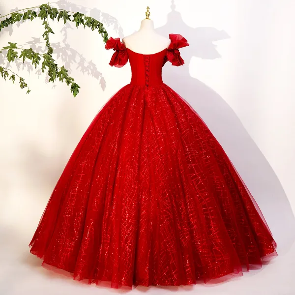 Élégant Rouge Perlage Paillettes Noeud Robe De Bal 2023 Robe Boule De l'épaule Manches Courtes Dos Nu Longue Promo Robe De Ceremonie