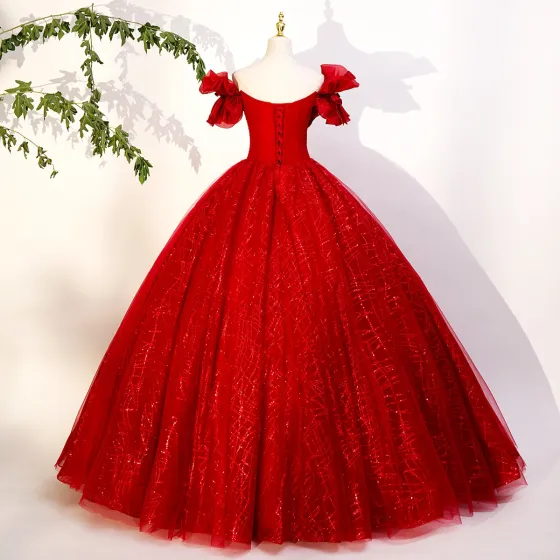 Elegant Red Beading Sequins Bow Prom Dresses 2023 Ball Gown Off-The-Shoulder Short Sleeve Backless Floor-Length / Long Prom Formal Dresses