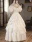 Vintage / Retro Ivory Lace Satin Wedding Dresses 2024 Ball Gown V-Neck Puffy Short Sleeve Backless Floor-Length / Long Wedding