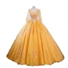 Elegant Yellow Beading Lace Flower Appliques Prom Dresses 2023 Ball Gown V-Neck 3/4 Sleeve Backless Floor-Length / Long Prom Formal Dresses