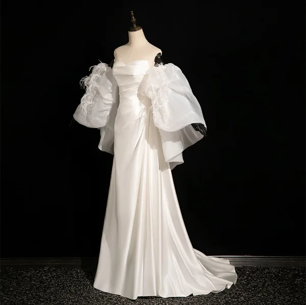 Fashion White Trumpet / Mermaid Wedding Dresses 2024 Strapless Puffy Short Sleeve Backless Sweep Train Wedding