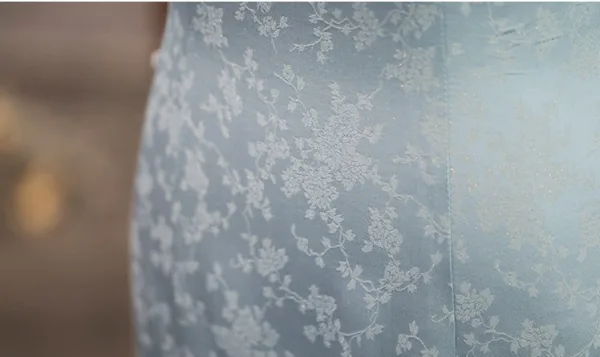 Vintage / Originale Bleu Ciel Perle Impression Fendue devant Cheongsam 2026 Trompette / Sirène Col Haut Manches Courtes Thé Longueur