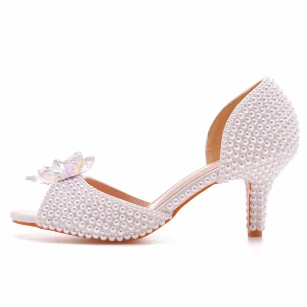 Sexy White Crystal Pearl Wedding Shoes 2023 6 cm Stiletto Heels Open / Peep Toe Wedding Sandals High Heels