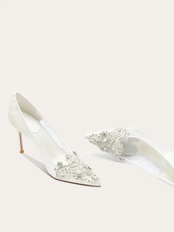 Élégant Blanche Faux Diamant Chaussure De Mariée 2024 Cuir 10 cm Talons Aiguilles À Bout Pointu Mariage Escarpins Talons Hauts