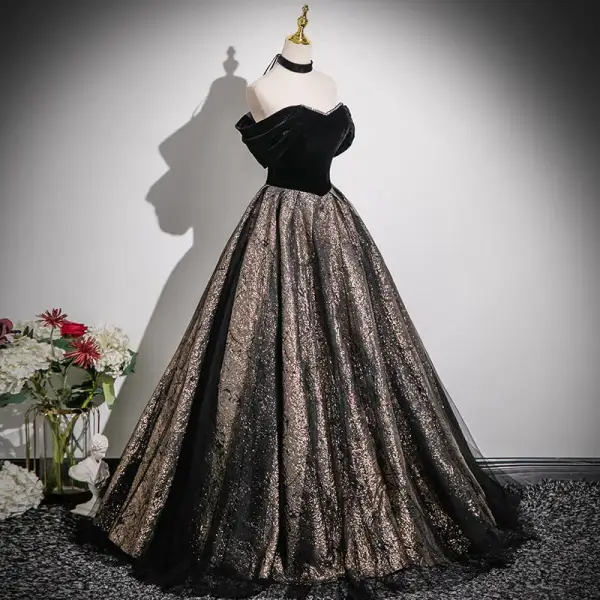 Sexy Black Glitter Prom Dresses 2024 Ball Gown Strapless Sleeveless Backless Floor-Length / Long Prom Formal Dresses