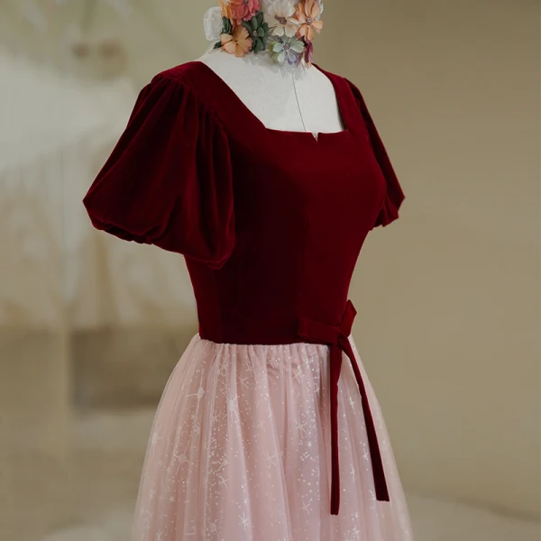 Elegant Burgundy Suede Prom Dresses 2022 A-Line / Princess Square Neckline Puffy Short Sleeve Bow Sash Backless Prom Floor-Length / Long Formal Dresses