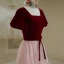 Elegant Burgundy Suede Prom Dresses 2022 A-Line / Princess Square Neckline Puffy Short Sleeve Bow Sash Backless Prom Floor-Length / Long Formal Dresses