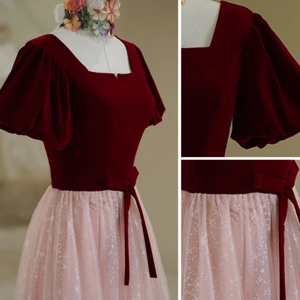 Elegant Burgundy Suede Prom Dresses 2022 A-Line / Princess Square Neckline Puffy Short Sleeve Bow Sash Backless Prom Floor-Length / Long Formal Dresses