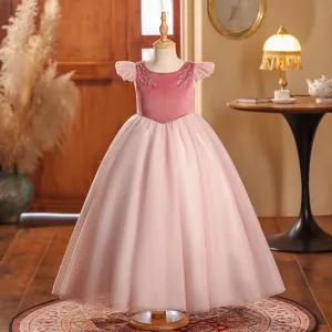 Simple Rougissant Rose Perlage Anniversaire Robe Ceremonie Fille 2024 Robe Boule Encolure Dégagée Mancherons Longue Tulle