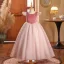 Modest / Simple Blushing Pink Beading Birthday Flower Girl Dresses 2024 Ball Gown Scoop Neck Cap Sleeves Floor-Length / Long Tulle