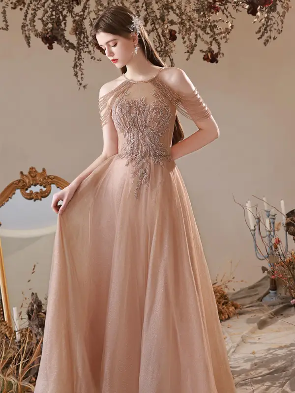 Charming Champagne Beading Tassel Pearl Rhinestone Evening Dresses 2022 A-Line / Princess Halter Sleeveless Backless Floor-Length / Long Evening Party Formal Dresses