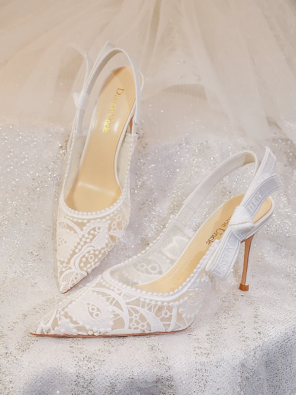 Elegant White Lace Wedding Shoes 2024 Wedding Leather 8 cm Stiletto Heels Pointed Toe Sandals High Heels