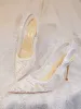 Elegant White Lace Wedding Shoes 2024 Wedding Leather 8 cm Stiletto Heels Pointed Toe Sandals High Heels