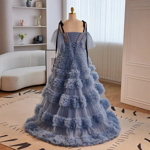 High End Meeresblau Fallende Rüsche Perlenstickerei Pailletten Ballkleider 2023 A Linie Spaghettiträger Kurze Ärmel Rückenfreies Sweep / Pinsel Zug Festliche Kleider