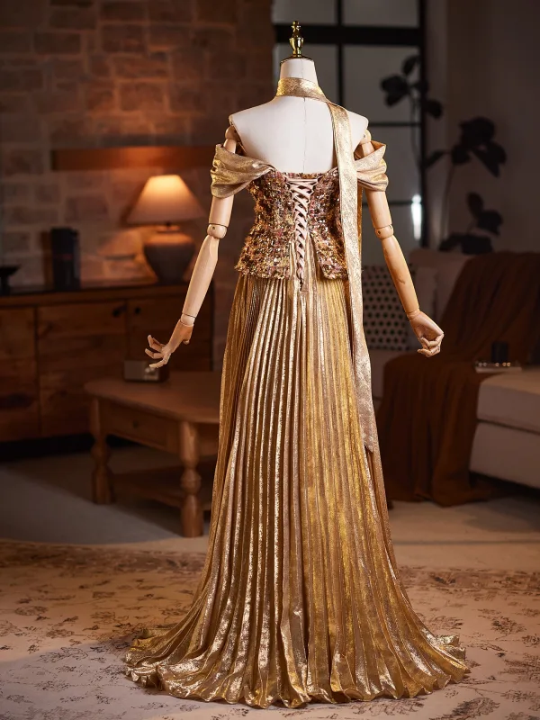 Charming Gold Sequins Prom Dresses 2026 A-Line / Princess Off-The-Shoulder Short Sleeve Backless Floor-Length / Long Prom Formal Dresses