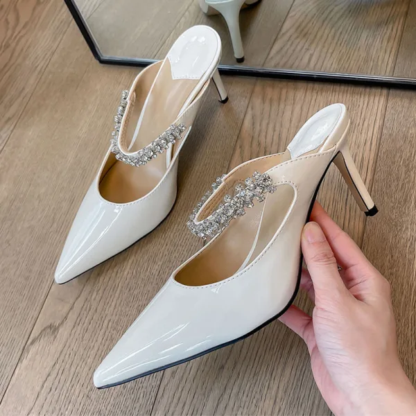 Charming Beige Rhinestone Evening Party Womens Sandals 2022 8 cm Stiletto Heels Pointed Toe Sandals High Heels