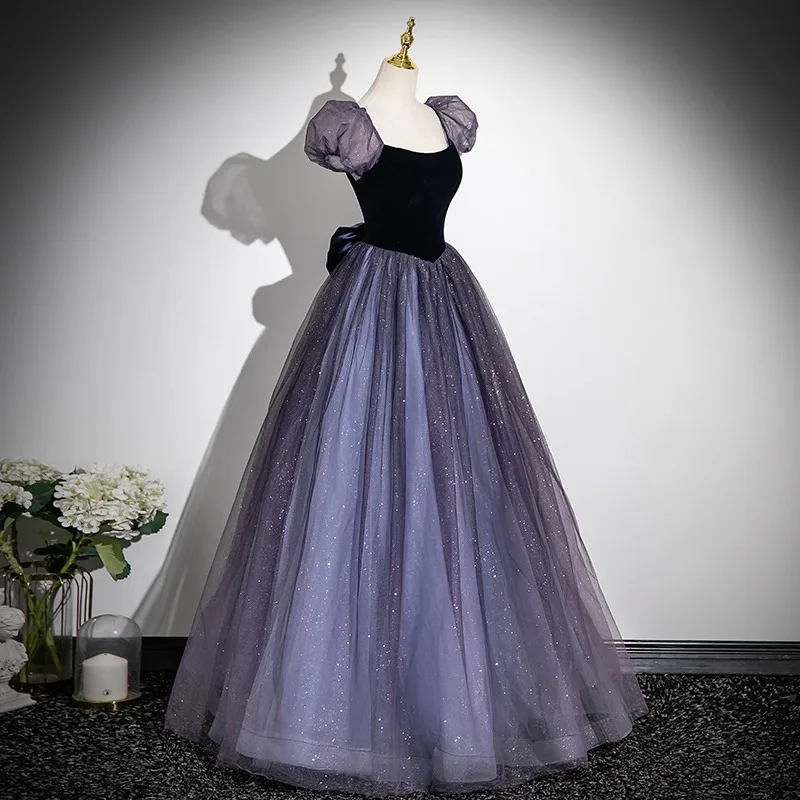 Elegant Purple Sequins Prom Dresses 2025 A-Line Princess Square Neckline Puffy Short Bow