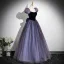 Elegant Purple Sequins Prom Dresses 2025 A-Line / Princess Square Neckline Puffy Short Sleeve Backless Bow Floor-Length / Long Formal Dresses