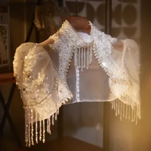 Luxury Gorgeous White Handmade Beading Pearl Sequins Short Sleeve Wedding Shawl 2025