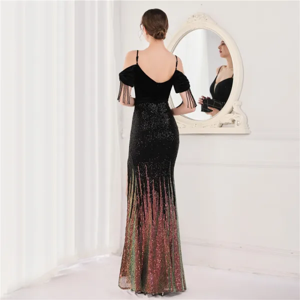 Charmant Doré Paillettes Robe De Soirée 2022 Trompette / Sirène Bretelles Spaghetti Manches Courtes Perlage Gland Dos Nu Longue Fendue devant Soirée Robe De Ceremonie