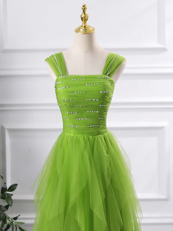 Chic / Beautiful Green Cascading Ruffles Prom Dresses 2024 A-Line / Princess Square Neckline Sleeveless Backless Floor-Length / Long Prom Formal Dresses