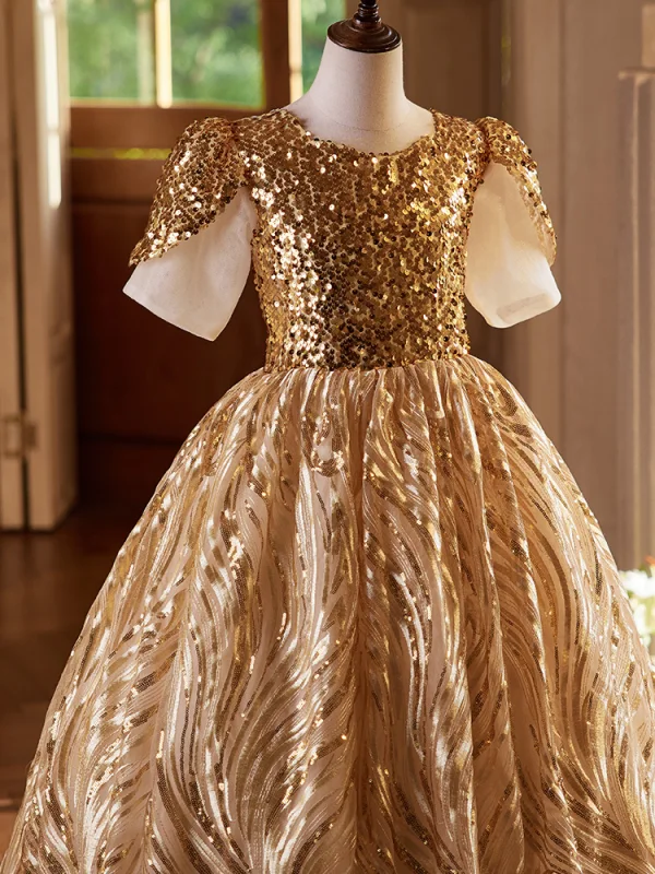 Scintillantes Doré Paillettes Anniversaire Robe Ceremonie Fille 2024 Robe Boule Encolure Dégagée Manches Courtes Dos Nu Longue