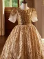 Scintillantes Doré Paillettes Anniversaire Robe Ceremonie Fille 2024 Robe Boule Encolure Dégagée Manches Courtes Dos Nu Longue
