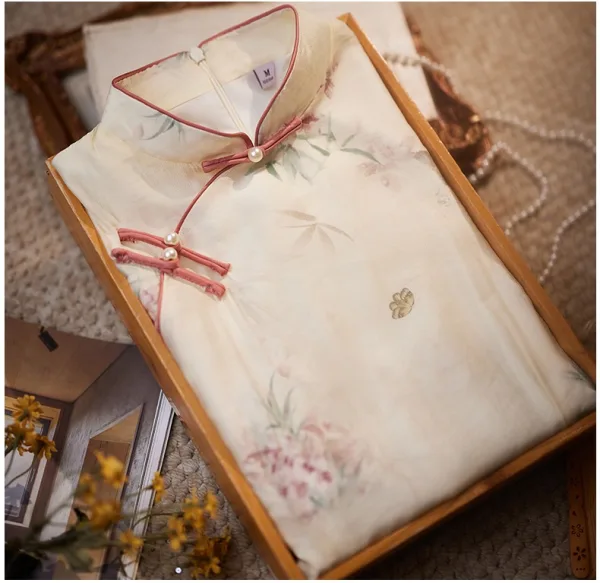 Chinese style Beige Printing Floor-Length / Long Cheongsam 2024 Trumpet / Mermaid High Neck Short Sleeve
