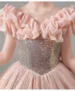 Sparkly Blushing Pink Glitter Sequins Birthday Flower Girl Dresses 2023 A-Line / Princess Ruffle Scoop Neck Short Sleeve Floor-Length / Long Flower Girl Dresses