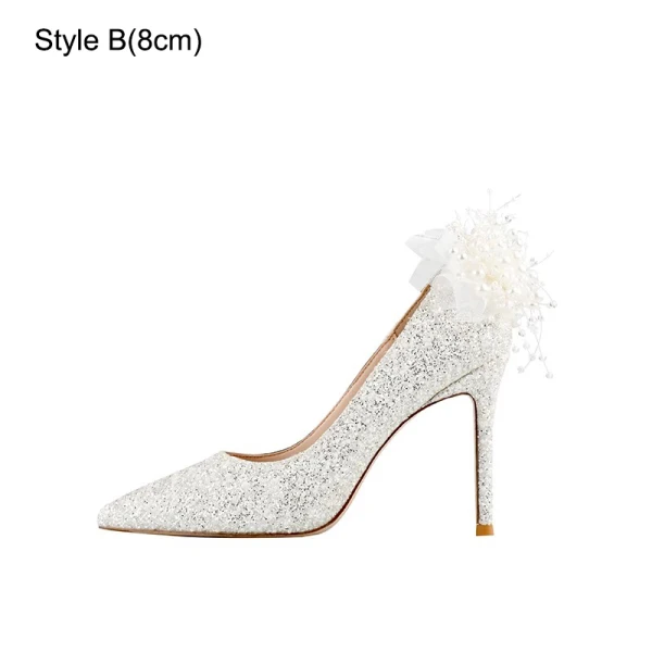 Scintillantes Charmant Beige Perle Paillettes Chaussure De Mariée 2023 Mariage 10 cm Talons Aiguilles À Bout Pointu Escarpins Talons Hauts