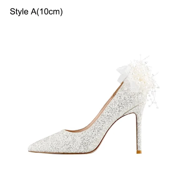 Scintillantes Charmant Beige Perle Paillettes Chaussure De Mariée 2023 Mariage 10 cm Talons Aiguilles À Bout Pointu Escarpins Talons Hauts