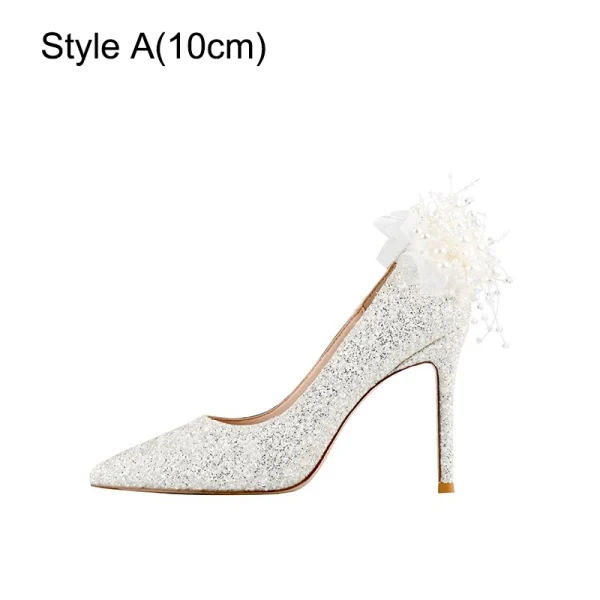 Charming Beige Appliques Pearl Sequins Wedding Shoes 2023 Leather 10 cm Stiletto Heels Pointed Toe Wedding Pumps High Heels