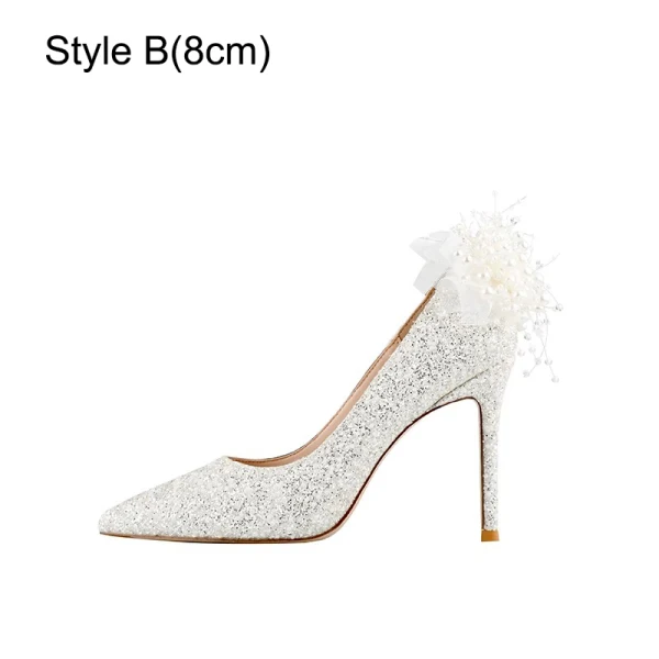 Charming Beige Appliques Pearl Sequins Wedding Shoes 2023 Leather 10 cm Stiletto Heels Pointed Toe Wedding Pumps High Heels