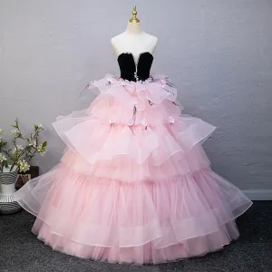 Charmant Rougissant Rose Appliques Perle Faux Diamant Volants En Cascade Robe De Bal 2025 Robe Boule Bustier Sans Manches Dos Nu Longue Promo Robe De Ceremonie