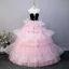 Lovely Blushing Pink Appliques Pearl Rhinestone Cascading Ruffles Prom Dresses 2025 Ball Gown Strapless Sleeveless Backless Floor-Length / Long Prom Formal Dresses