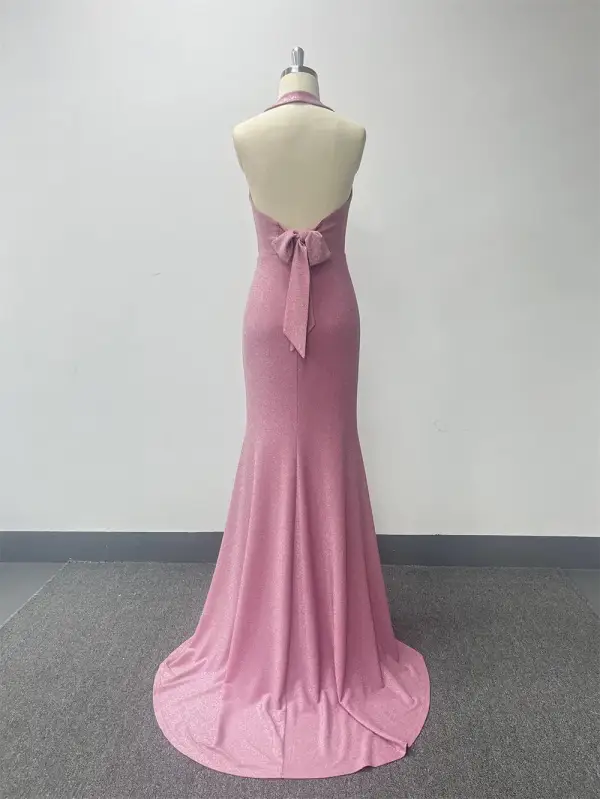 Sexy Rougissant Rose Glitter Robe De Soirée 2024 Trompette / Sirène Titulaire Sans Manches Dos Nu Noeud Train De Balayage Soirée Robe De Ceremonie
