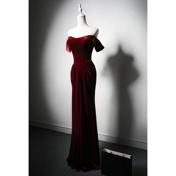 Modest / Simple Burgundy Velvet Evening Dresses 2024 Trumpet / Mermaid Off-The-Shoulder Short Sleeve Backless Floor-Length / Long Evening Party Formal Dresses