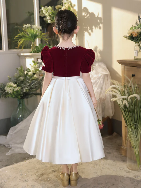 Elegant Burgundy Pearl Satin Prom Flower Girl Dresses 2022 A-Line / Princess Square Neckline Short Sleeve Bow Sash Floor-Length / Long Flower Girl Elegant Burgundy Pearl Satin Prom Flower Girl Dresses 2022 A-Line / Princess Square Neckline Short Sleeve Bow Sash Floor-Length / Long Flower Girl