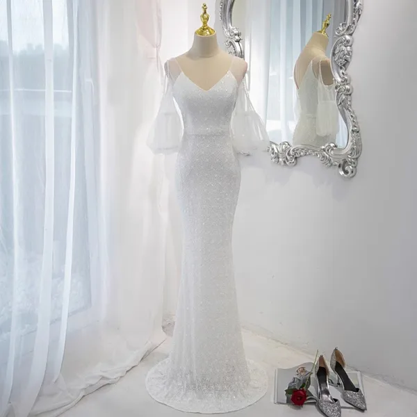 Scintillantes Doré Paillettes Robe De Soirée 2023 Trompette / Sirène V-Cou 1/2 Manches Dos Nu Train De Balayage Soirée Robe De Ceremonie