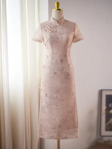 Chinese Style Blushing Pink Summer Printing Tea Length Cheongsam 2024 Trumpet Mermaid High Neck Short Sleeve
