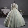 Elegant Sage Green Beading Appliques Prom Dresses 2023 V-Neck Short Sleeve Backless Floor-Length / Long Prom Formal Dresses