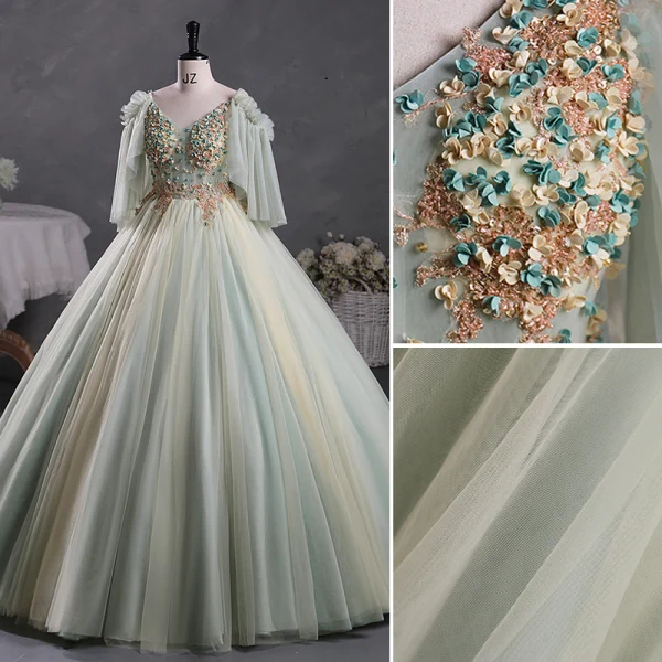 Elegant Sage Green Beading Appliques Prom Dresses 2023 V-Neck Short Sleeve Backless Floor-Length / Long Prom Formal Dresses