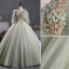 Elegant Sage Green Beading Appliques Prom Dresses 2023 V-Neck Short Sleeve Backless Floor-Length / Long Prom Formal Dresses