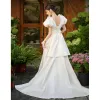 Vintage / Retro White Satin Wedding Dresses 2023 A-Line / Princess V-Neck Puffy Short Sleeve Backless Sweep Train Wedding