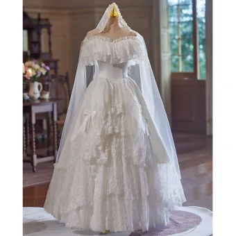 Vintage Retro White Lace Flower Satin Wedding Dresses 2024 A Line Princess Off The Shoulder Short Sleeve Backless Floor Length Long Wedding