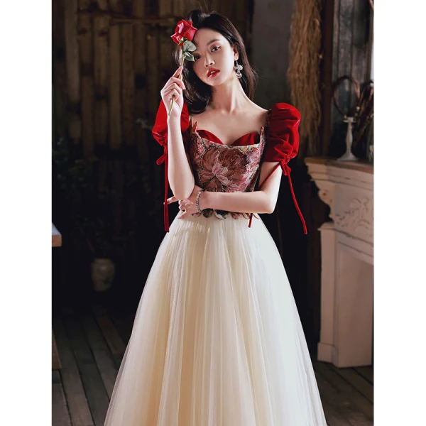 Vintage / Retro Burgundy Printing Prom Dresses 2022 A-Line / Princess Square Neckline Puffy Short Sleeve Backless Bow Floor-Length / Long Prom Formal Dresses